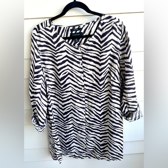 Tahari Zebra Print Linen Button Down 1X Tunic Blouse Roll Tab Sleeve - Picture 5 of 10